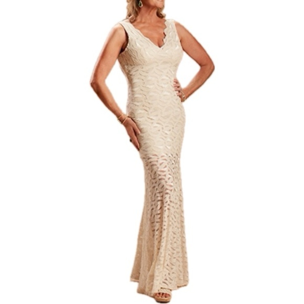 Jump Apparel Floor Length V Neck Glitter Lace Dress In Ivory